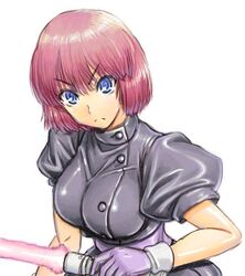  amania_orz blue_eyes breasts closed_mouth energy_sword female gaw_ha_leecee gloves holding juusenki_l-gaim large_breasts looking_at_viewer red_hair short_hair simple_background solo sword weapon white_background white_gloves 