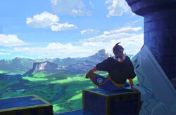  1boy black_hoodie cloud commentary_request dark-skinned_male dark_skin day duraludon dynamax_band grass hood hood_down hoodie male_focus mountainous_horizon orange_headwear outdoors pokemon pokemon_(creature) pokemon_swsh raihan_(pokemon) scenery shorts side_slit side_slit_shorts sitting sky zukki_(suzukio) 