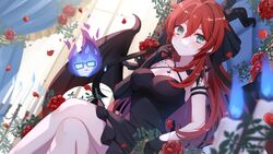  atelier_live breasts candle closed_mouth curtains dragon_girl dragon_horns earrings eneru_(enepuni) female fire flower glasses green_eyes hair_between_eyes horns jewelry kuzuryu_io long_hair medium_breasts multiple_horns petals red_hair rose solo virtual_youtuber 