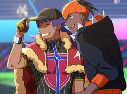  2boys aqua_eyes baseball_cap black_hoodie blurry blurry_background cape champion_uniform clenched_teeth closed_eyes commentary_request dark-skinned_male dark_skin earrings facial_hair fur-trimmed_cape fur_trim galarian_star_tournament gloves hand_on_headwear hand_up hat hood hoodie jewelry leon_(pokemon) long_hair male_focus multiple_boys open_mouth orange_headwear pokemon pokemon_swsh purple_hair raihan_(pokemon) red_cape shirt short_sleeves smile stadium teeth tongue zukki_(suzukio) 