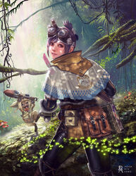  1other adam_ryu_ford black_hair black_pants book capelet commentary_request dappled_sunlight day felyne female folded_ponytail forest from_behind goggles goggles_on_head handler_(monster_hunter_world) highres lips looking_back monster_hunter:_world monster_hunter_(series) nature nose pants pouch rainforest short_hair smile solo_focus sunlight whiskers 