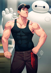  1boy alternate_pectoral_size android bara bare_shoulders baseball_cap baymax big_hero_6 black_hair black_tank_top brown_eyes brown_pants bulge contrapposto covered_abs hat looking_at_viewer male_focus muscular muscular_male pants pectoral_cleavage pectorals short_hair sideburns sidepec smile smug solo tadashi_hamada tank_top xelgot 