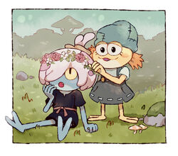  2_toes 4_fingers accessory amphibia_(series) amphibian black_eyes blue_body clothing disney duo feet female fingers flower flower_in_hair frog fungus grass hair hair_accessory half-closed_eyes hi_res ivy_sundew looking_up maddie_flour mushroom narrowed_eyes open_mouth overalls plant rock semi-anthro smile toes unknown_artist white_hair yellow_body 