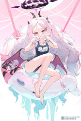  absurdly_long_hair absurdres ahoge bare_arms bare_legs barefoot blue_archive chinese_commentary closed_mouth collarbone commentary_request demon_horns demon_wings feet female flat_chest full_body hair_ornament hair_spread_out hairclip halo hand_in_own_hair hands_in_hair head_tilt highres hina_(blue_archive) hina_(swimsuit)_(blue_archive) holding holding_own_hair horns innertube legs liwendala long_hair looking_at_viewer purple_eyes school_swimsuit solo swim_ring swimsuit thighs toes very_long_hair wavy_hair wavy_mouth whistle whistle_around_neck white_hair wings 