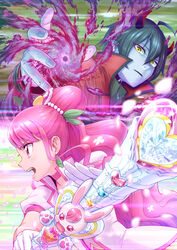  1boy ahoge blue_skin choker collar colored_skin commentary cure_grace daruizen dress female gloves green_hair hair_ornament hanadera_nodoka healin&#039;_good_precure healing_animal healing_wand heart_wand highres holding holding_staff horns itou_shin&#039;ichi jacket long_hair magic open_mouth pink_choker pink_eyes pink_hair ponytail precure profile rabirin_(precure) red_jacket short_hair short_sleeves staff upper_body very_long_hair white_dress white_gloves yellow_eyes 