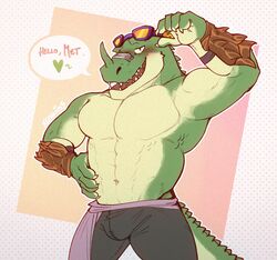  2020 5_fingers abs adjusting_glasses anthro barazoku black_bottomwear black_clothing black_pants blush bottomwear clothed clothing countershading dialogue digital_media_(artwork) english_text eyewear facial_horn fingers glasses green_body green_scales hand_on_side heart_symbol hi_res horn lizard looking_at_viewer male navel non-mammal_navel nose_horn pants pecs reptile scales scalie signature sogreth solo speech_bubble tail tail_ridge text topless topless_anthro topless_male xeoniios yellow_eyewear yellow_glasses 