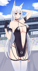  akagi_koku animal_ear_fluff animal_ears arm_strap arm_up azur_lane bad_id bad_pixiv_id black_gloves blush breasts center_opening cleavage commentary company_name copyright_name cosplay criss-cross_halter dress female fox_ears gloves halter_dress halterneck highres large_breasts long_hair midriff mole mole_under_eye navel purple_eyes race_queen revealing_clothes shinano_(azur_lane) shoukaku_(azur_lane) shoukaku_(azur_lane)_(cosplay) shoukaku_(sororal_wings)_(azur_lane) tall_female thighhighs very_long_hair white_hair white_thighhighs 