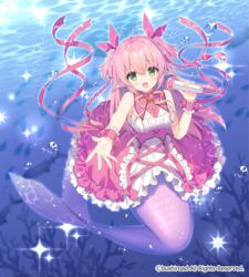  :d air_bubble bubble cardfight!!_vanguard character_name commentary copyright_notice dress female frilled_dress frills full_body green_eyes hair_between_eyes hair_ribbon holding holding_microphone long_hair looking_at_viewer mermaid mermaid_idol_sedna microphone monster_girl official_art open_mouth pink_dress pink_hair red_ribbon ribbon sacraneco smile solo two_side_up underwater very_long_hair water wrist_cuffs 