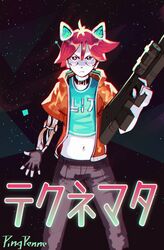  absurd_res android anthro black_nose bottomwear choker clothed clothing female flat_chested gloves gun hair handwear hi_res holding_object holding_weapon japanese_text jewelry machine navel necklace pants pingpenne pink_hair portrait ranged_weapon robot signature solo star text three-quarter_portrait weapon 