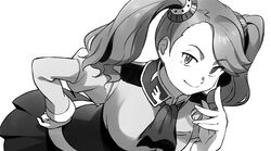  breasts closed_mouth commentary_request cravat eyebrows_visible_through_hair female gloves grey_background greyscale gundam gundam_build_fighters gundam_build_fighters_try hair_ornament hairclip hand_on_hip hand_up high-waist_skirt large_breasts long_hair looking_at_viewer monochrome sayshownen sazaki_kaoruko school_uniform shiny shiny_hair short_sleeves skirt smirk solo twintails 