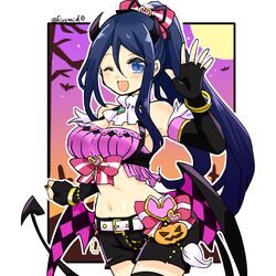  alternate_costume armpit_peek bare_shoulders bat_(animal) belt black_gloves blue_eyes blue_hair breasts cleavage commentary_request demon_girl demon_horns demon_tail demon_wings detached_sleeves female fire_emblem gloves hair_ornament halloween halloween_costume hand_up horns large_breasts long_hair looking_at_viewer midriff moon nail_polish navel night one_eye_closed open_mouth orange_nails oribe_tsubasa ponytail short_shorts shorts smile solo tail tokyo_mirage_sessions_fe twitter_username wings yukia_(firstaid0) 