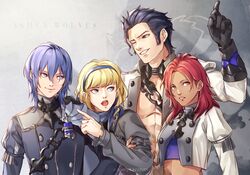  2boys 2girls angerykacchan balthus_von_albrecht black_gloves black_hair blonde_hair blue_eyes blue_hairband closed_mouth commentary constance_von_nuvelle crop_top dark_skin english_commentary fire_emblem fire_emblem:_three_houses garreg_mach_monastery_uniform gloves grin hairband hapi_(fire_emblem) highres long_sleeves medium_hair multiple_boys multiple_girls one_eye_closed open_mouth purple_eyes purple_hair red_eyes red_hair short_hair smile twitter_username uniform upper_body yuri_leclerc 