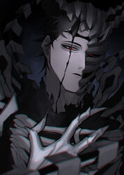  1boy absurdres armor black_clover black_hair black_shirt blurry body_markings bone bone_armor claws demon_boy demon_horns depth_of_field facial_mark frit_2 half_mask highres horns looking_at_viewer male_focus mask messy_hair narrowed_eyes oni_horns possessed red_eyes shirt short_hair solo talons torn_clothes zenon_zogratis 