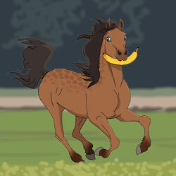  2022 ambiguous_gender banana blue_eyes brown_body brown_hair brown_mane brown_tail digital_media_(artwork) dolero equid equine feathering feral food fruit fur galloping hair hi_res hooves horse looking_back mammal mane plant raised_tail sea-biscuit simple_background solo tail 