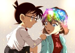  1boy black_shorts blue_eyes blue_jacket bow bowtie brown_hair edogawa_conan female glasses haibara_ai hair_between_eyes hand_on_another&#039;s_shoulder jacket lolicon long_sleeves meitantei_conan open_clothes open_jacket red_bow red_bowtie red_sweater shirt short_hair shorts sooma4869 sweater white_shirt 