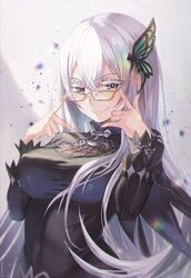  adjusting_eyewear bespectacled black_dress blush breasts butterfly_hair_ornament colored_eyelashes dress echidna_(re:zero) female glasses grey_background hair_between_eyes hair_ornament hands_up highres large_breasts long_hair long_sleeves looking_at_viewer re:zero_kara_hajimeru_isekai_seikatsu seozo smile solo striped_clothes striped_dress two-tone_background upper_body white_hair 