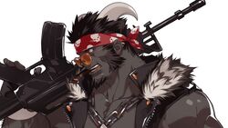  1boy arm_hair assault_rifle bara bare_shoulders beard black_hair black_jacket brando_(dizdoodz) chain_necklace chains close-up curled_horns dark-skinned_male dark_skin dizdoodz facial_hair from_side goatee gun headband highres horns houndoom jacket jewelry leather leather_jacket long_sideburns male_focus mature_male muscular muscular_male necklace over_shoulder pectoral_cleavage pectorals personification pokemon rifle short_hair sideburns skull_necklace skull_print sleeveless sleeveless_jacket solo sunglasses upper_body very_dark_skin weapon weapon_over_shoulder weapon_request white_background 