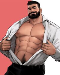  1boy abs absurdres bara bare_pectorals beard black_pants commission cowboy_shot dopey_(dopq) facial_hair highres large_pectorals looking_at_viewer male_focus mature_male muscular muscular_male navel navel_hair nipples open_clothes open_shirt original pants pectorals shirt short_hair smile solo stomach superman_exposure thick_eyebrows undressing white_shirt 