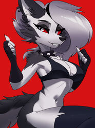  2023 5_fingers absurd_res anthro armwear black_nose bottomless bottomless_anthro bottomless_female bra breasts canid canid_demon canine cheek_tuft claws cleavage clothed clothing demon digital_media_(artwork) ear_piercing ear_ring eyebrow_piercing eyebrow_ring eyebrows eyelashes eyeshadow facial_piercing facial_tuft fangs female finger_claws fingers fur gesture grey_body grey_fur grey_hair hair hand_gesture hellhound helluva_boss hi_res jesterwing legwear long_eyelashes long_hair looking_at_viewer loona_(helluva_boss) makeup mammal multicolored_body multicolored_fur mythological_canine mythological_creature mythology navel piercing pupils red_sclera red_theme ring_piercing simple_background slit_pupils smile smiling_at_viewer solo sports_bra teeth thumbs_up tuft two_tone_body two_tone_fur underwear white_body white_fur 