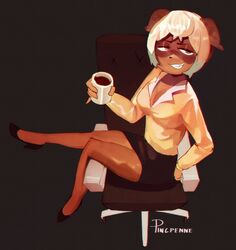  absurd_res anthro black_nose bottomwear breasts canid canine canis chair cleavage clothed clothing domestic_dog dress_shirt female footwear furniture hair hi_res high_heels looking_at_viewer mammal pingpenne shirt sitting skirt smile solo topwear white_hair 