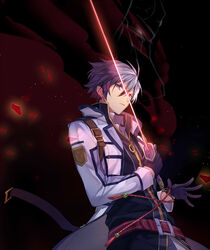  1boy achan_(blue_semi) belt black_background black_eyes black_gloves black_hair black_shirt closed_mouth coat cowboy_shot eiyuu_densetsu embers gloves hair_between_eyes heterochromia holding holding_sword holding_weapon katana long_sleeves male_focus multicolored_hair rean_schwarzer red_belt red_eyes sen_no_kiseki sen_no_kiseki_iii shirt short_hair solo standing sword two-tone_hair valimar weapon white_coat white_hair 