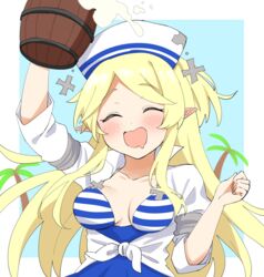  :d ^_^ absurdres alcohol beer beer_mug blonde_hair blush breasts clenched_hand closed_eyes commentary_request cup drooling female front-tie_top hat highres holding holding_cup long_hair medium_breasts mouth_drool mug open_mouth partial_commentary pointy_ears princess_connect! shichimi_yutsuki smile solo striped upper_body yukari_(princess_connect!) yukari_(summer)_(princess_connect!) 