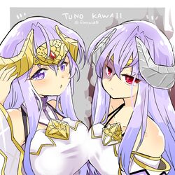  2girls asymmetrical_docking aura bare_shoulders blue_eyes blue_hair breast_press breasts corruption dark_persona demon_horns dual_persona fire_emblem fire_emblem:_genealogy_of_the_holy_war half-siblings heterochromia horns julia_(fire_emblem) julia_(heart_usurped)_(fire_emblem) lipstick looking_at_viewer makeup mind_control multiple_girls poking ponytail purple_eyes red_eyes slit_pupils thighs twitter_username weapon white_background yukia_(firstaid0) 