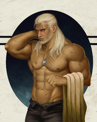  1boy abs alternate_facial_hair arm_behind_head bara beard chest_hair denim facial_hair geralt_of_rivia jeans large_pectorals long_hair looking_at_viewer male_focus mature_male muscular muscular_male navel nipples old old_man open_pants pants pectorals scar scar_across_eye scar_on_chest scar_on_face scar_on_stomach solo stomach the_witcher_(series) topless_male white_hair witcher_medallion xelgot 