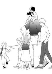  2girls 4boys aged_down alternate_universe backpack bag belt belt_buckle boku_no_hero_academia brother_and_sister brothers buckle closed_eyes closed_mouth endeavor_(boku_no_hero_academia) facial_hair family father_and_daughter father_and_son full_body greyscale highres husband_and_wife jacket lolicon long_hair long_sleeves monochrome mother_and_daughter mother_and_son multiple_boys multiple_girls open_mouth p_(pppppppppq) pants shoes short_hair short_sleeves siblings simple_background skirt todoroki_fuyumi todoroki_natsuo todoroki_rei todoroki_shouto todoroki_touya walking white_background 