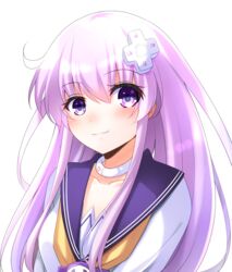  blush collar collarbone commentary d-pad d-pad_hair_ornament doria_(p_f_dolia) dress female hair_between_eyes hair_ornament long_hair looking_at_viewer neckerchief nepgear neptune_(series) purple_eyes purple_hair sailor_collar sailor_dress sidelocks simple_background smug solo upper_body white_background white_dress yellow_neckerchief 