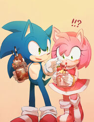  !? 1boy amy_rose animal_ears bad_id bad_pixiv_id boots dress drinking_straw embarrassed female furry gloves green_eyes hairband hedgehog_ears highres holding milkshake msg01 open_mouth red_dress red_footwear red_hairband shoes smile sneakers sonic_(series) sonic_the_hedgehog standing white_gloves wide-eyed 