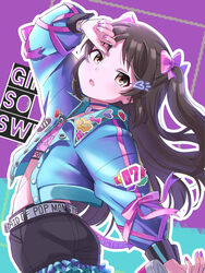  absurdres animal_print belt black_shorts blue_background blue_jacket bow brown_hair choker cowboy_shot crop_top denim denim_shorts english_text female frilled_shorts frills hand_over_face heart highres idolmaster idolmaster_cinderella_girls jacket long_hair marui_kado pink_bow pink_ribbon purple_background rabbit_print ribbon shorts sticker tachibana_arisu two-tone_background two_side_up yellow_eyes 