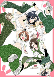  6+girls :d arm_up black_eyes black_hair black_socks blue_eyes border breakdance brown_eyes brown_hair bug butterfly camouflage camouflage_pants commentary falling fashion flying_sweatdrops freckles girls_und_panzer glasses green_pants green_shirt handstand headstand hip_hop jacket leg_hold leggings leggings_under_shorts long_hair long_sleeves looking_at_viewer maruyama_saki midriff motion_lines multiple_girls navel no_socks one_arm_handstand one_eye_closed oono_aya open_clothes open_jacket open_mouth pants pants_rolled_up parted_bangs parted_lips pink_border round_eyewear sakaguchi_karina sawa_azusa shirt shoes short_hair short_sleeves shorts sleeves_rolled_up smile sneakers socks t-shirt tank_top tied_shirt tsuru_(clainman) twintails upside-down utsugi_yuuki white_footwear white_jacket white_shirt wince wristband yamagou_ayumi 