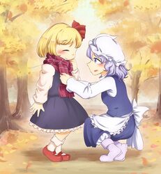  2girls ankle_boots apron arm_up autumn autumn_leaves black_skirt black_vest blonde_hair blue_eyes blue_hair blue_skirt blue_vest blurry blurry_background blush boots calcmis_gowa closed_eyes commentary day forest from_side hair_ribbon hat highres letty_whiterock long_sleeves looking_at_another mary_janes mob_cap multiple_girls nature outdoors petticoat purple_footwear red_footwear red_scarf ribbon rumia scarf shirt shoes short_hair sideways_mouth skirt smile squatting standing touhou tree vest waist_apron white_headwear white_legwear white_shirt 