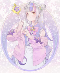  absurdres blush commentary female grey_hair hair_ornament highres hololive long_hair looking_at_viewer multicolored_hair murasaki_shion murasaki_shion_(magical_girl_maid) official_alternate_costume riri_(ririwaldorf) short_eyebrows sidelocks smile solo streaked_hair symbol-only_commentary virtual_youtuber white_hair yellow_eyes 