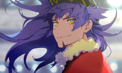  1boy baseball_cap black_hat blurry blurry_background cape champion_uniform closed_mouth commentary_request dark-skinned_male dark_skin facial_hair floating_hair fur-trimmed_cape fur_trim hat leon_(pokemon) light long_hair looking_at_viewer male_focus pokemon pokemon_swsh purple_hair red_cape smile solo yellow_eyes zukki_(suzukio) 