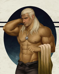  1boy abs arm_behind_head bara beard chest_hair denim facial_hair geralt_of_rivia jeans jewelry large_pectorals long_hair looking_at_viewer male_focus mature_male muscular muscular_male navel necklace nipples old old_man open_pants pants pectorals solo stomach the_witcher_(series) topless_male white_hair witcher_medallion xelgot 