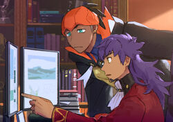  2boys ascot black_hair black_hoodie book bookshelf collared_shirt commentary_request dark-skinned_male dark_skin earrings facial_hair hood hoodie indoors jewelry leaning_forward leon_(pokemon) long_hair long_sleeves looking_at_object male_focus monitor multiple_boys multiple_monitors open_mouth orange_headwear pointing pokemon pokemon_swsh purple_hair raihan_(pokemon) shadow shirt white_ascot zukki_(suzukio) 