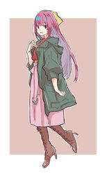  :d boots brown_footwear coat cross-laced_footwear female from_side full_body green_coat hair_ribbon hakama hakama_skirt high_heel_boots high_heels japanese_clothes kamikaze_(kancolle) kantai_collection lace-up_boots leather leather_boots long_hair looking_at_viewer matsutani meiji_schoolgirl_uniform open_mouth pink_hakama purple_eyes purple_hair ribbon skirt smile solo yellow_ribbon 