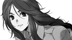  1boy anglade_(kaijuu_no_kodomo) bishounen collared_jacket commentary_request grey_background greyscale hair_between_eyes jacket kaijuu_no_kodomo long_hair looking_at_viewer male_focus monochrome parted_lips sayshownen smile solo upper_body very_long_hair 