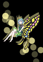  absurdres antennae aqua_hair barefoot black_background butterfly_wings chinese_commentary commentary_request dress eternity_larva female green_dress hair_ornament highres insect_wings leaf leaf_hair_ornament leaf_on_head lian_mang multicolored_clothes multicolored_dress purple_eyes short_hair short_sleeves simple_background single_strap solo touhou wings yellow_wings 