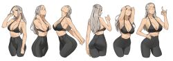  absurdres black_bra black_pants bra breasts cleavage collarbone commentary cowboy_shot cropped_legs female grey_hair halterneck highres large_breasts long_hair multiple_views no_shirt original pants simple_background tbocart underwear white_background yellow_eyes yoga_pants 