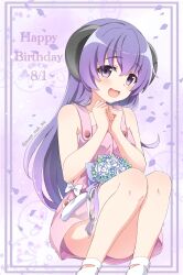  artist_name bare_arms bare_shoulders blush bouquet breasts dated dress falling_petals female flower hair_between_eyes hanyuu happy_birthday highres higurashi_no_naku_koro_ni horns leaf long_bangs long_hair looking_at_viewer open_mouth petals pink_dress purple_eyes purple_hair purple_petals ribbon rose sandals sidelocks sitting sleeveless sleeveless_dress smile solo sweet_miuk_tea twitter_username wavy_mouth white_flower white_rose 