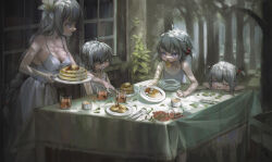  4girls ^_^ bare_arms bare_shoulders blue_eyes braid breasts butter chair cleavage closed_eyes closed_mouth commentary_request cup doubutsunoujyou dress drink drinking_glass flower food food_in_mouth fork grey_choker grey_hair hair_between_eyes hair_bobbles hair_flower hair_ornament highres holding holding_plate knife large_breasts mouth_hold multiple_girls one_eye_closed open_mouth original pancake pancake_stack plate short_eyebrows single_braid sleeveless sleeveless_dress smile standing table thick_eyebrows tree two_side_up white_flower 