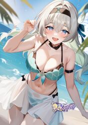  aqua_bikini arm_strap bare_shoulders bikini bikini_skirt black_bow black_hairband blue_ribbon blue_sky bow breasts commentary cowboy_shot day felielle female firefly_(honkai:_star_rail) grey_hair hair_ribbon hairband hand_up highres honkai:_star_rail honkai_(series) large_breasts miniskirt navel ocean purple_eyes ribbon skirt sky solo standing stomach swimsuit water white_skirt 