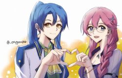  2girls artist_name ascot blue_eyes blue_hair braid breasts closed_mouth coat collared_shirt commentary_request earrings eiyuu_densetsu emma_millstein glasses green_shirt heart heart_hands heart_hands_duo high_ponytail highres jewelry large_breasts laura_s._arseid long_hair multiple_girls open_mouth oxygen00 pink_hair sen_no_kiseki_(series) sen_no_kiseki_iv shirt single_braid smile teeth twitter_username two-tone_background upper_teeth_only white_background white_coat yellow_ascot yellow_background yellow_eyes 