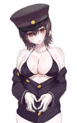  absurdres akitsu_maru_(kancolle) akitsu_maru_kai_(kancolle) alternate_skin_color bare_shoulders black_bra black_hair black_hat blush bra breasts brown_hair cleavage collarbone female gloves hair_between_eyes hat highres kantai_collection large_breasts long_sleeves looking_at_viewer military military_hat military_uniform off_shoulder open_clothes open_mouth pale_skin partially_unbuttoned peaked_cap ryo_(tg290) short_hair solo sweat underwear uniform white_gloves 