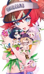  6+girls :d alternate_costume bikini black_hair blonde_hair blue-framed_eyewear blue_archive blue_bikini blue_eyes blush breasts bucket_hat can cheenack chibi chihiro_(blue_archive) closed_eyes closed_mouth drooling eimi_(blue_archive) energy_drink flower glasses goggles goggles_on_head green_eyes halo hare_(blue_archive) hat highres himari_(blue_archive) holding kotama_(blue_archive) leaf long_hair maki_(blue_archive) mini_person minigirl monster_energy multiple_girls one_eye_closed open_mouth pink_eyes pink_hair pink_halo pointy_ears semi-rimless_eyewear short_hair simple_background sleeping smile swimsuit tearing_up tears veritas_(blue_archive) visor_cap 