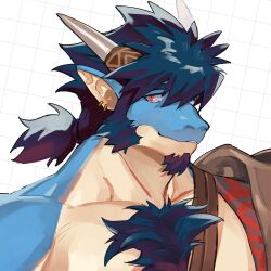  absurd_res anothereidos_of_dragon_vein_r anthro blue_body blue_hair blue_scales body_hair chest_hair dragon ear_piercing ear_ring facial_hair folker_(anothereidos_r) goatee hagio_graphy hair hi_res horn male mythological_creature mythological_scalie mythology pecs piercing ponytail ring_piercing scales scalie sideburns solo tan_body tan_scales 