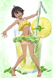  :d absurdres ahoge barefoot bendy_straw bikini bikini_skirt bow bow_skirt breasts brown_hair commentary covered_navel dark-skinned_female dark_skin drinking_straw female food food-themed_hair_ornament frilled_bikini frills fruit fruit_print full_body gradient_background green_background green_skirt hair_between_eyes hair_ornament head_tilt highres holding holding_drinking_straw knees_together_feet_apart leaf leaning_back lemon lemon_hair_ornament lemon_slice looking_at_viewer loose_hair_strand marusankaku midriff mini_person minigirl mint mojito open_mouth original outstretched_arms print_skirt purple_eyes shirt_tan short_hair shorts_tan skirt small_breasts smile solo spaghetti_strap spread_fingers standing swimsuit tan tanlines tiptoes toes tomboy very_short_hair white_background yellow_bikini yellow_bow 